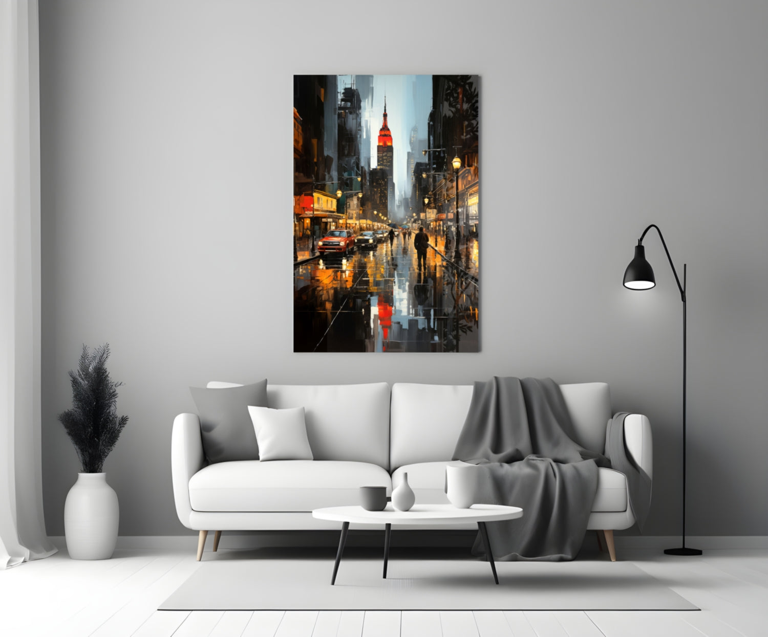 Modern living room with white sofa displaying rainy New York City street scene canvas above, featuring Chrysler Building and warm streetlights.