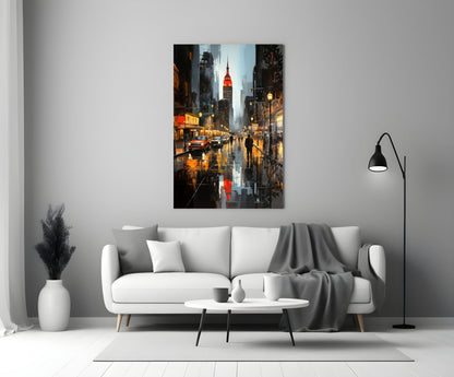 Modern living room with white sofa displaying rainy New York City street scene canvas above, featuring Chrysler Building and warm streetlights.