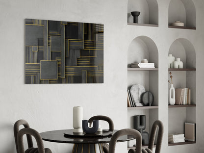 Dark geometric wall art with gold-outlined rectangles displayed above round dining table in modern interior setting.