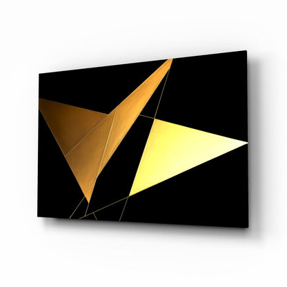 3D perspective view of glass wall art featuring two triangular shapes in brown and bright yellow against a black background with gold-outlined edges.