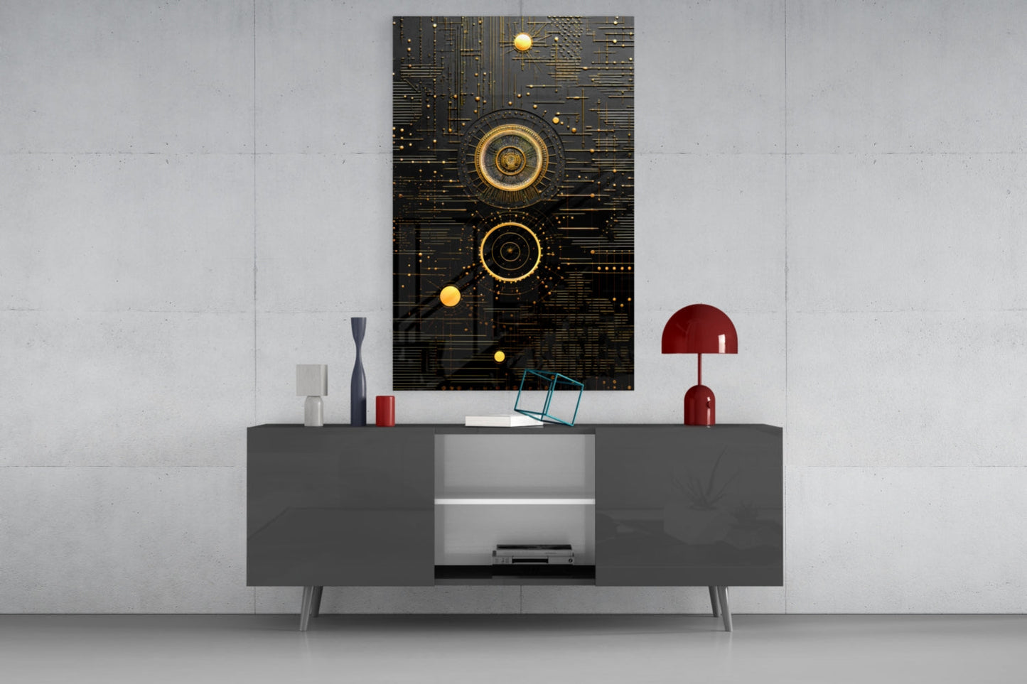 Black rectangular wall art with gold circular gears and yellow spheres displayed above gray media console in modern interior setting.