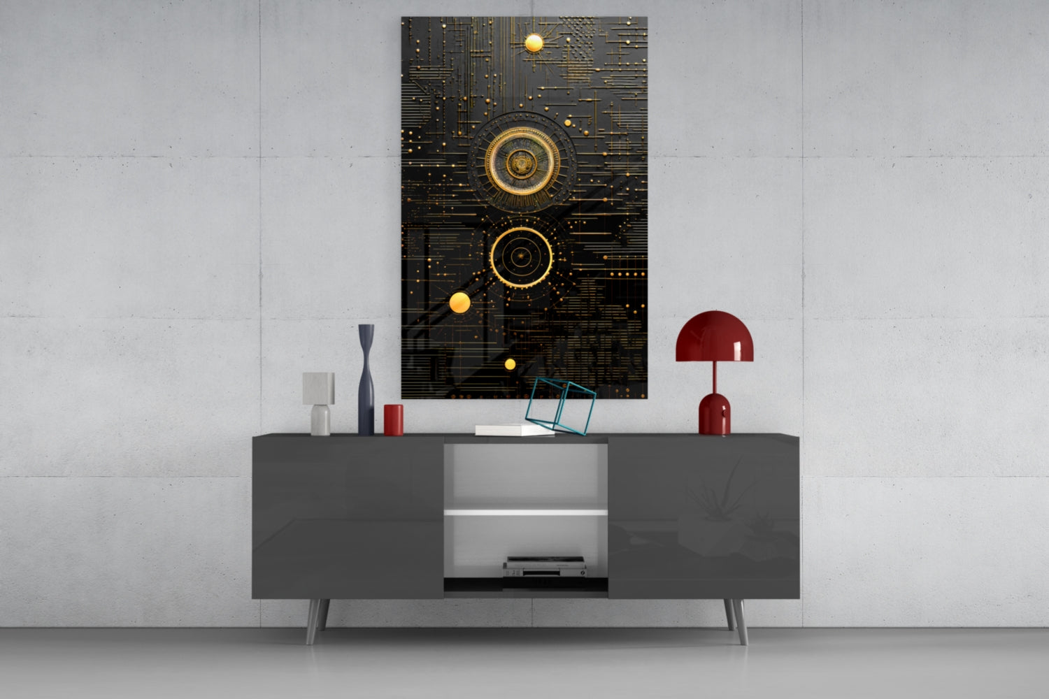 Black rectangular wall art with gold circular gears and yellow spheres displayed above gray media console in modern interior setting.