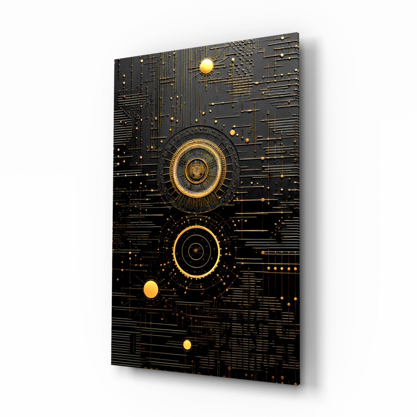 Black glass wall art panel with gold circular concentric designs and scattered spheres against circuit board-like patterns, displayed at an angle.