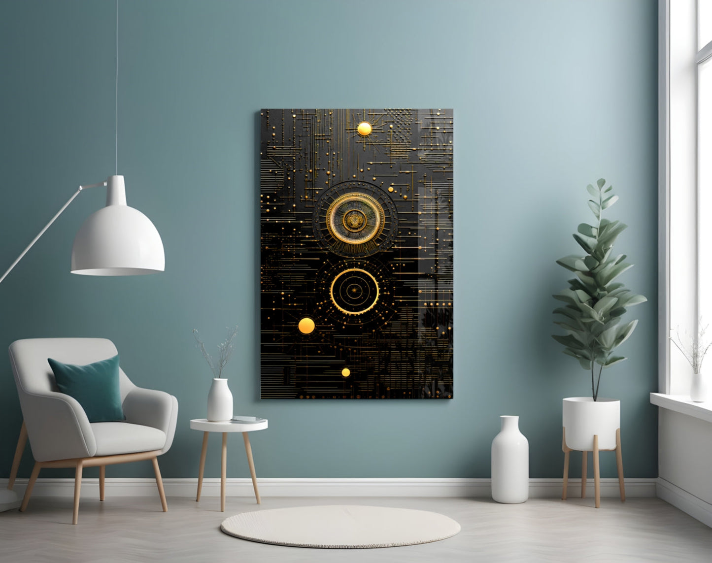 Modern living room with turquoise walls featuring black and gold geometric circuit board wall art above white chair and potted plant.