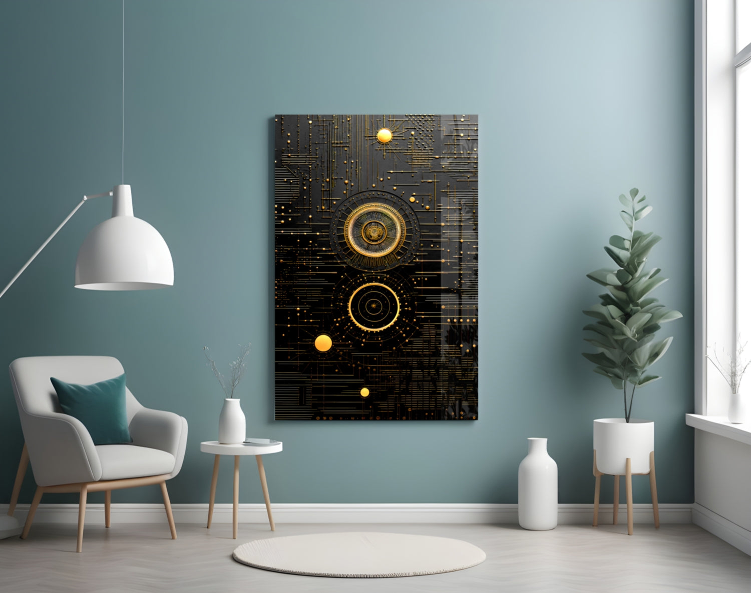 Modern living room with turquoise walls featuring black and gold geometric circuit board wall art above white chair and potted plant.