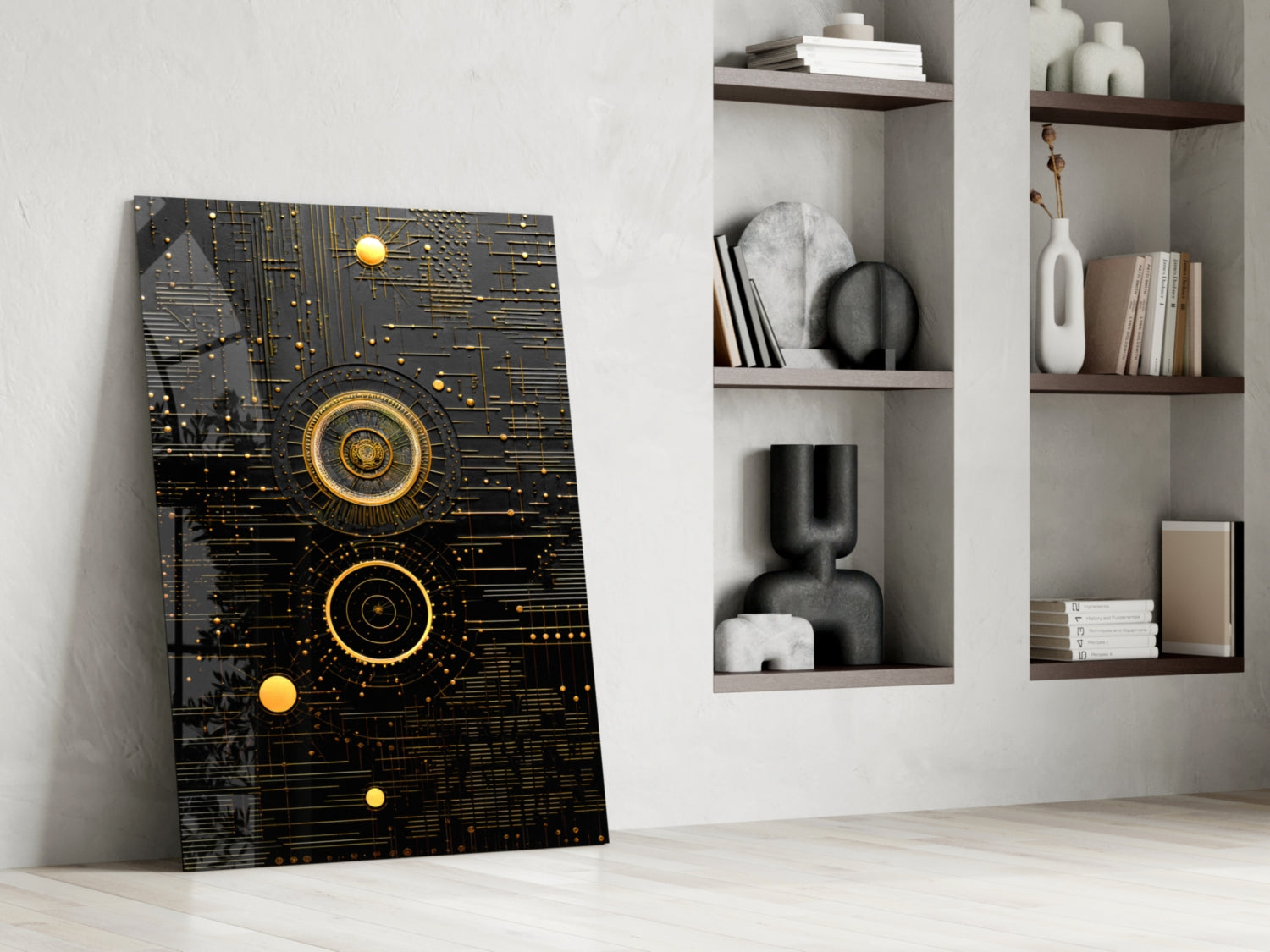 Black glass panel with gold geometric circles and circuit patterns leaning against white wall beside shelving unit.