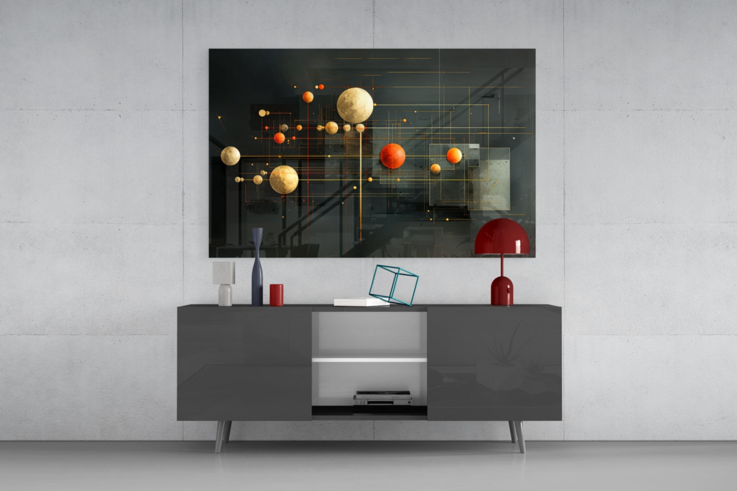 Modern living room setup featuring a dark gray media console with a glass wall art displaying golden and orange spheres connected by geometric lines against a dark background.
