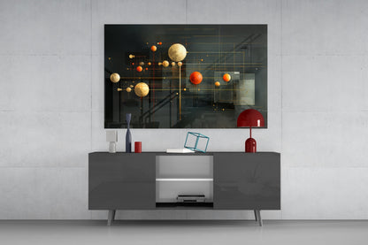 Modern living room setup featuring a dark gray media console with a glass wall art displaying golden and orange spheres connected by geometric lines against a dark background.