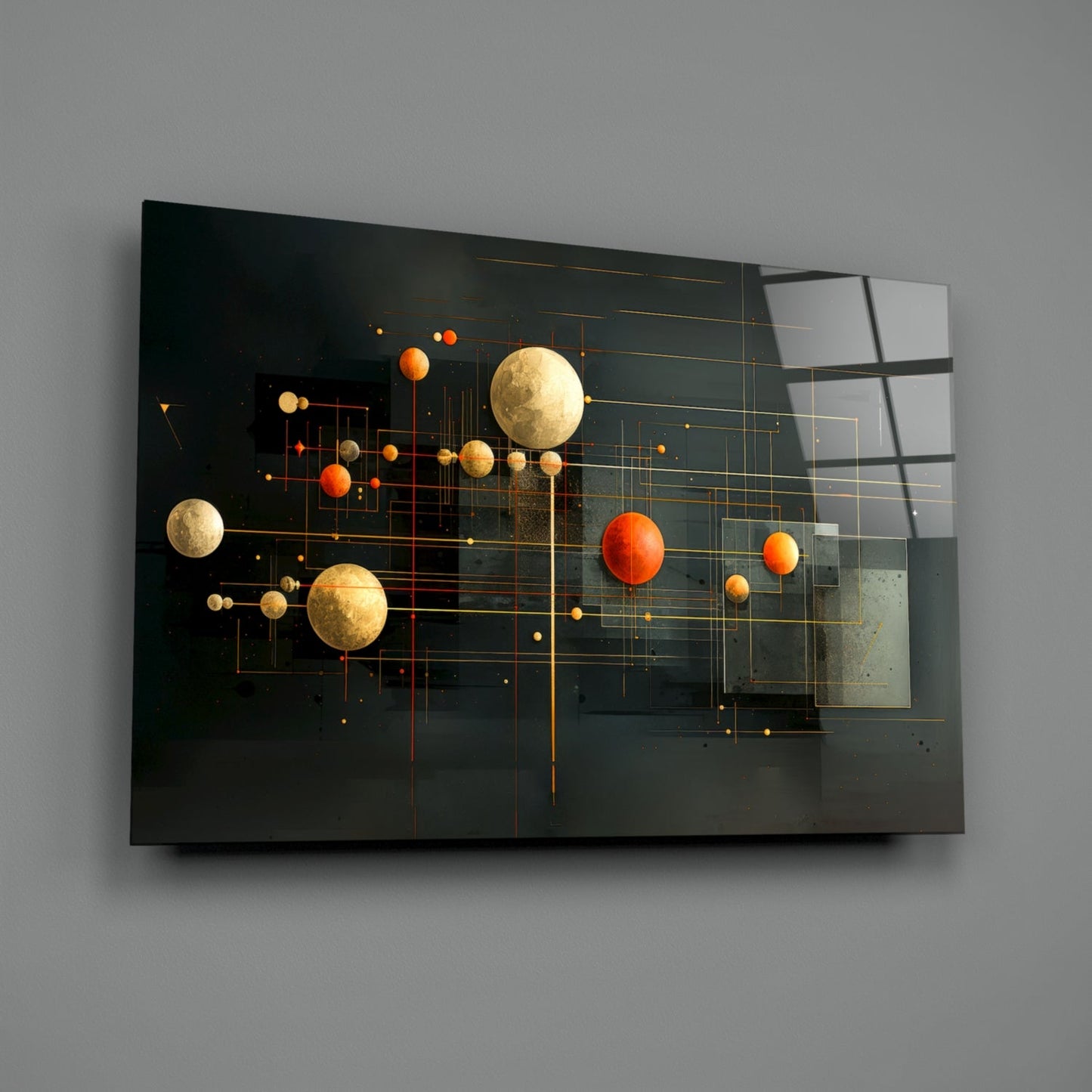 Modern glass wall art featuring golden and orange spheres connected by geometric lines on dark background, angled three-quarter view.