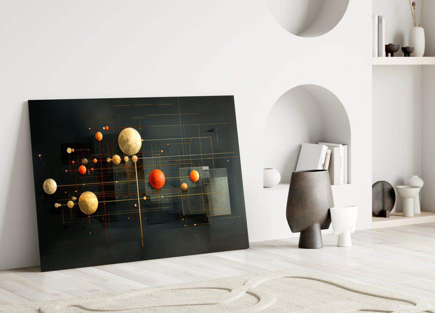 Black glass wall art leaning against white wall displays gold and orange spheres with geometric line patterns in modern interior setting.