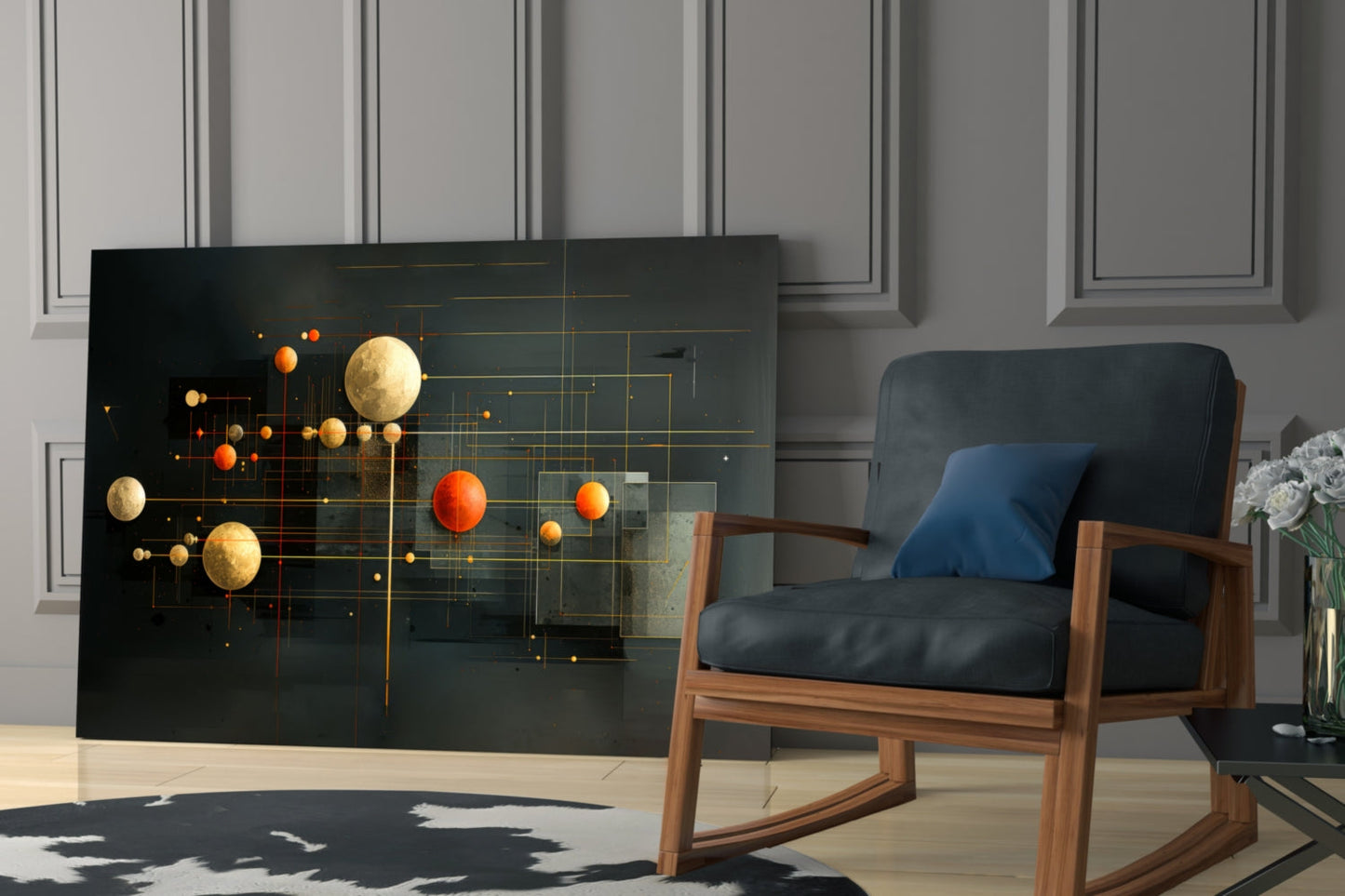 Modern living room featuring black glass wall art with golden and orange spheres connected by geometric lines, displayed beside a mid-century wooden chair with black cushioning.