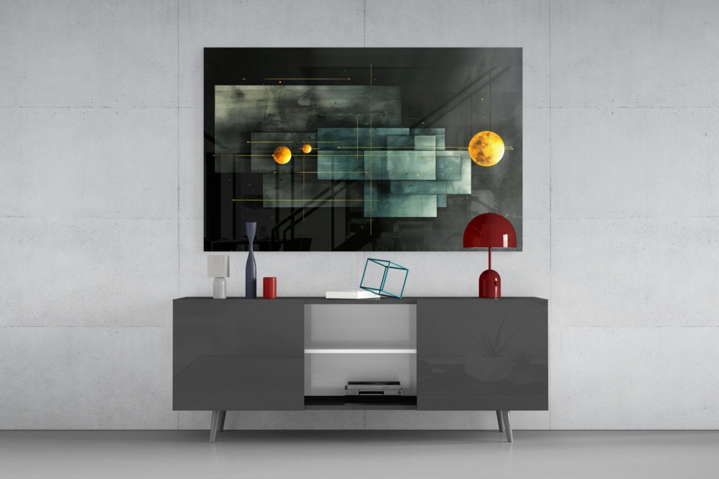 Modern living room display featuring Planet Race glass wall art mounted above gray media console, showing yellow and red celestial spheres connected by gold lines on dark background.
