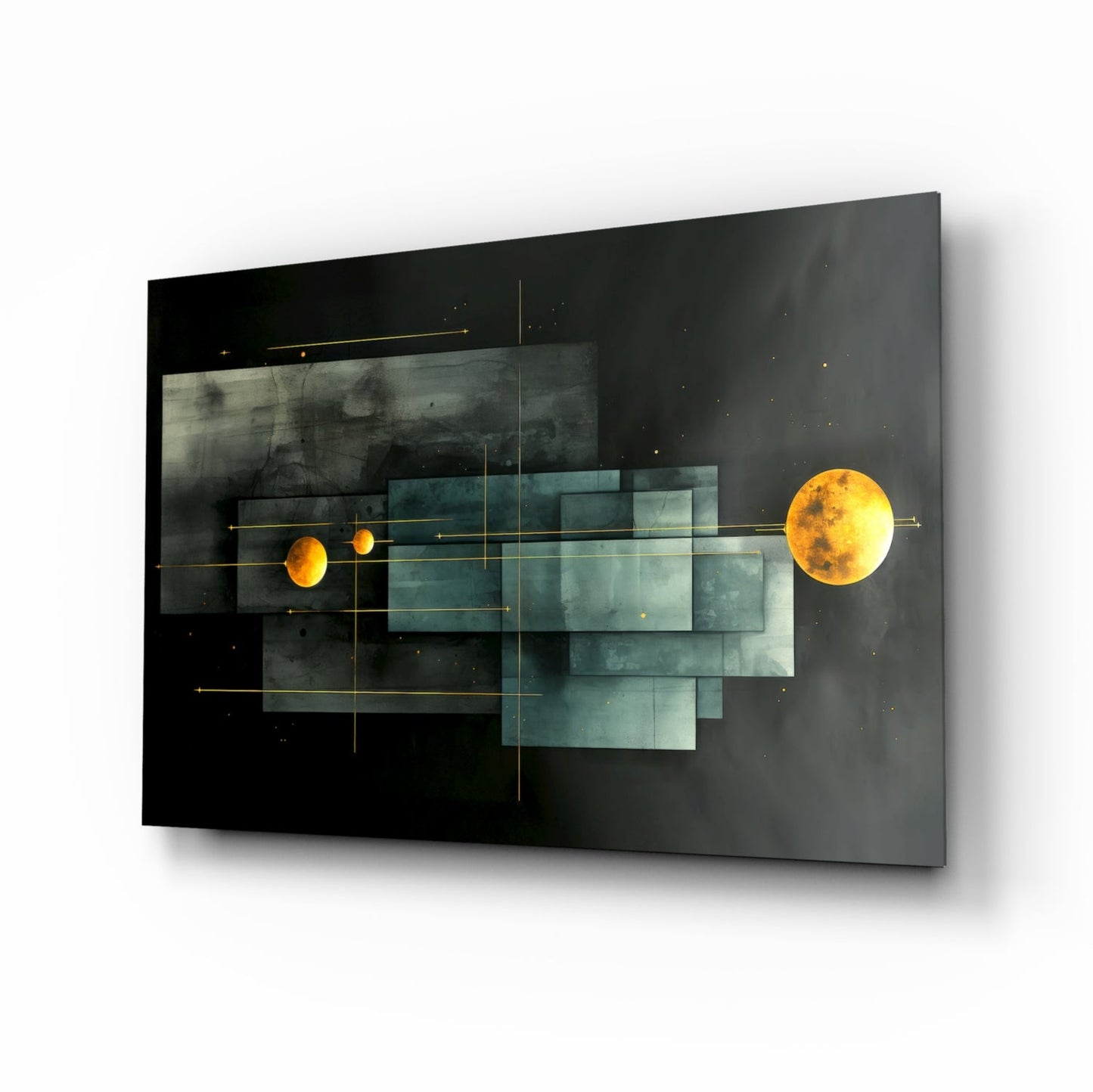 Modern glass wall art featuring two glowing golden planets connected by geometric teal and gray overlapping rectangles with gold grid lines on black background, angled perspective view.