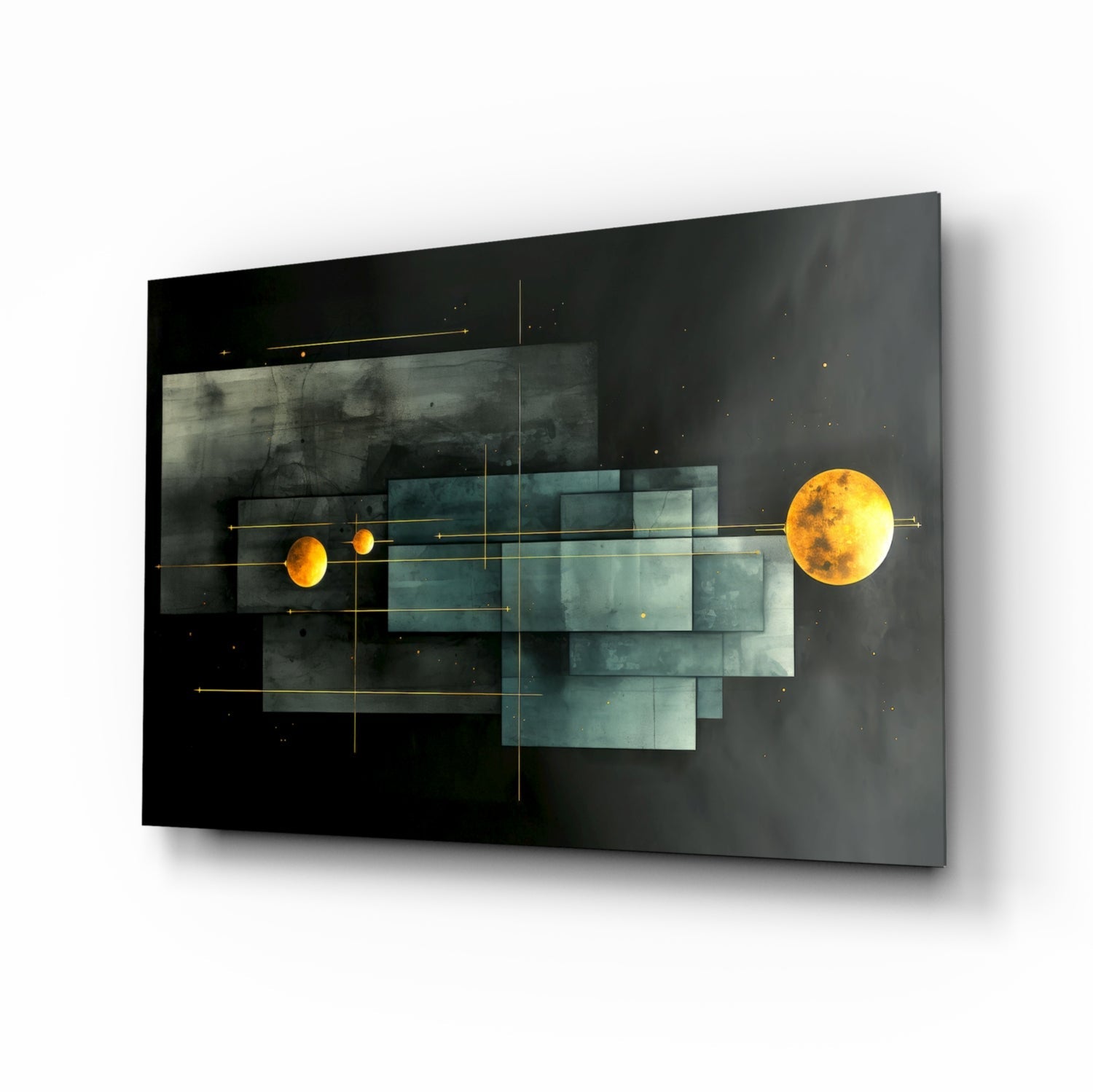 Modern glass wall art featuring two glowing golden planets connected by geometric teal and gray overlapping rectangles with gold grid lines on black background, angled perspective view.