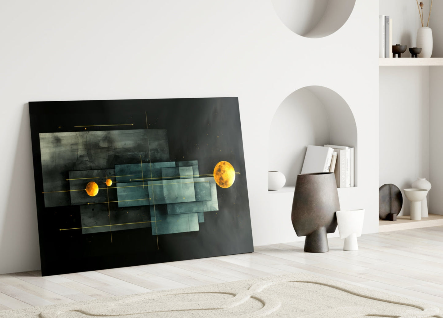 Modern minimalist interior displaying black glass wall art with layered teal rectangles and golden planetary orbs, leaned against white wall beside ceramic sculptural vessels.