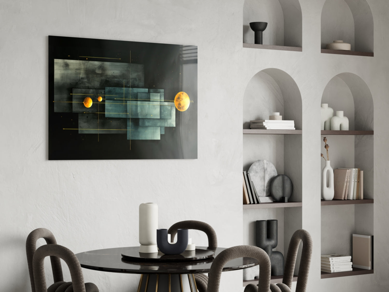 Planet Race glass wall art hung above a black dining table, featuring golden spheres and teal geometric shapes on black background.