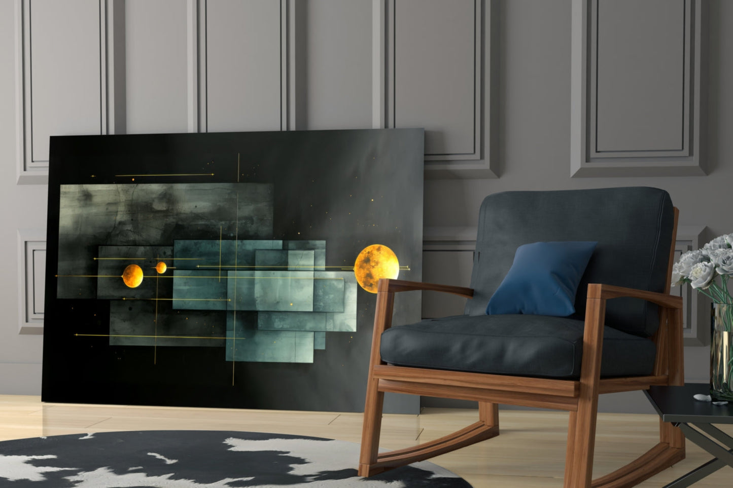 Modern living room with Planet Race glass wall art featuring glowing orange planets and geometric teal rectangles on black background, displayed above wooden mid-century chair.