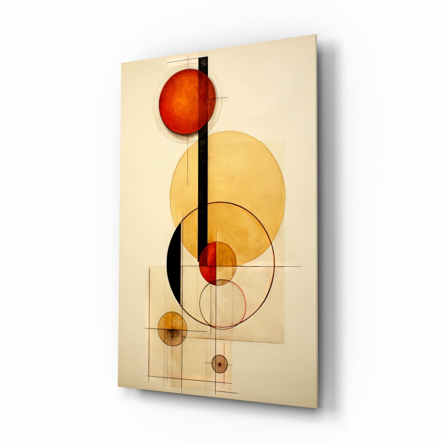 Modern glass wall art featuring overlapping geometric circles in red and yellow tones on cream background, viewed at three-quarter angle.