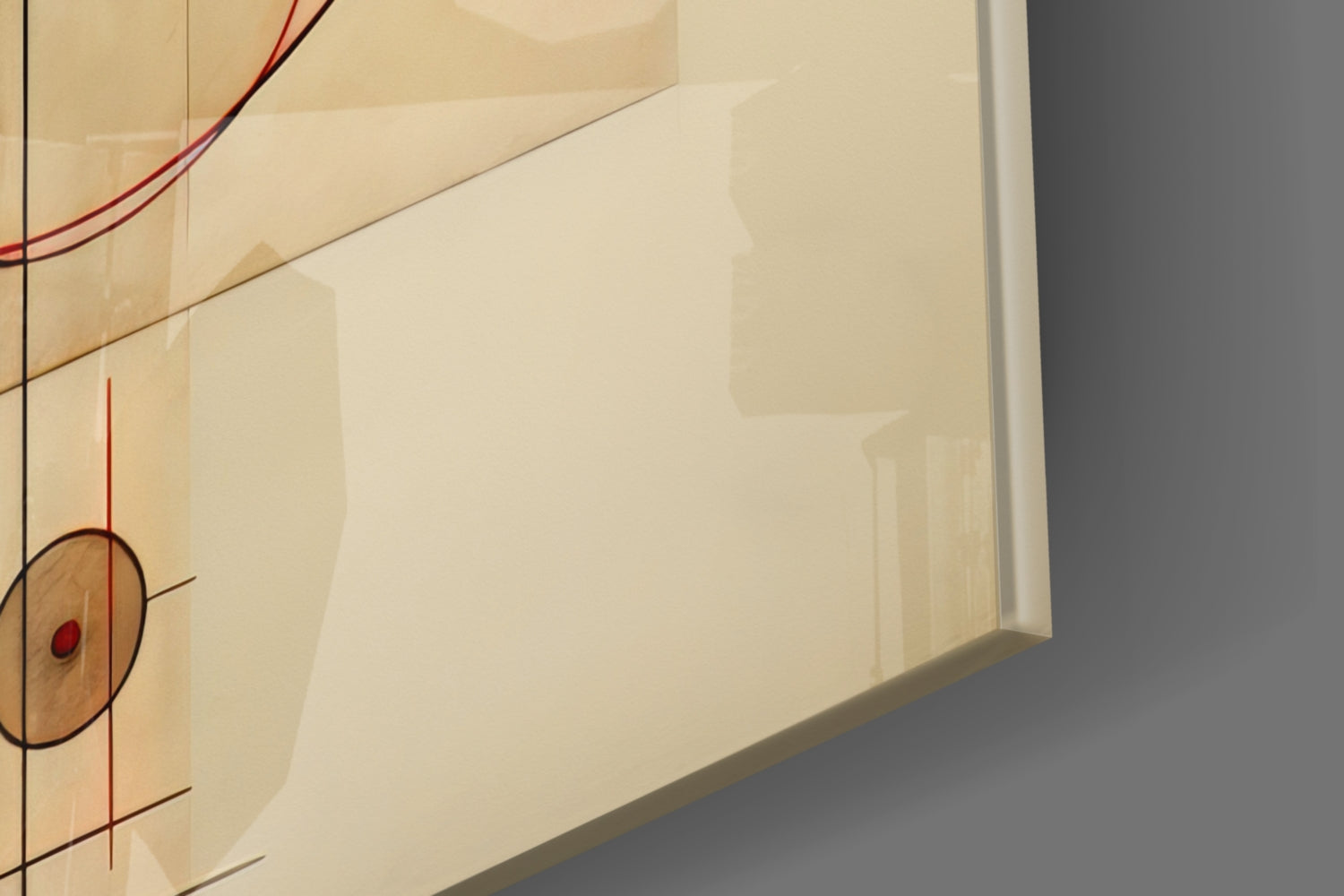 Close-up angled view of glass wall art featuring wood circular motif with red accents and linear details on cream background.