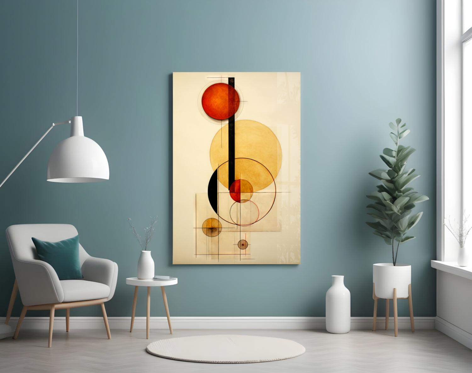 Modern living room interior featuring geometric abstract glass wall art with red, yellow, and black circles on cream background, displayed above a white armchair.