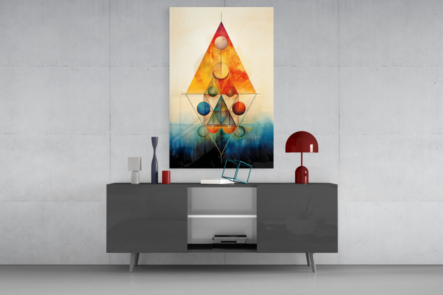 Geometric glass wall art with colorful spheres and triangular shapes displayed above a gray media console in a modern interior setting.