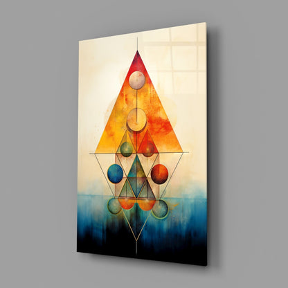 Glass wall art displaying geometric triangles with colored spheres against warm and cool gradient background, mounted at angle showing depth and shadow.