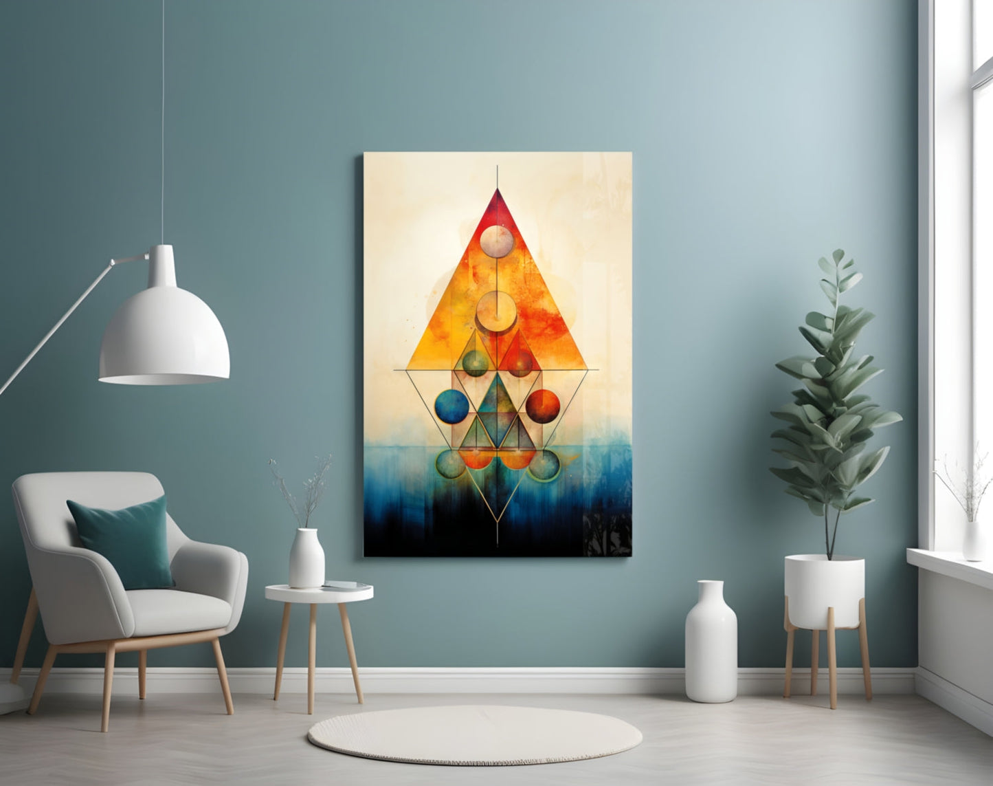 Sacred geometry glass wall art with colorful gradient triangle and spheres displayed in modern living room setting.