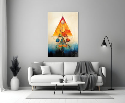 Sacred geometry glass wall art with colorful spheres in triangular composition hanging above white sofa in modern living room.