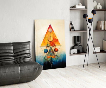 Modern living room interior featuring geometric glass wall art with colorful spheres arranged in triangular composition against cream background.