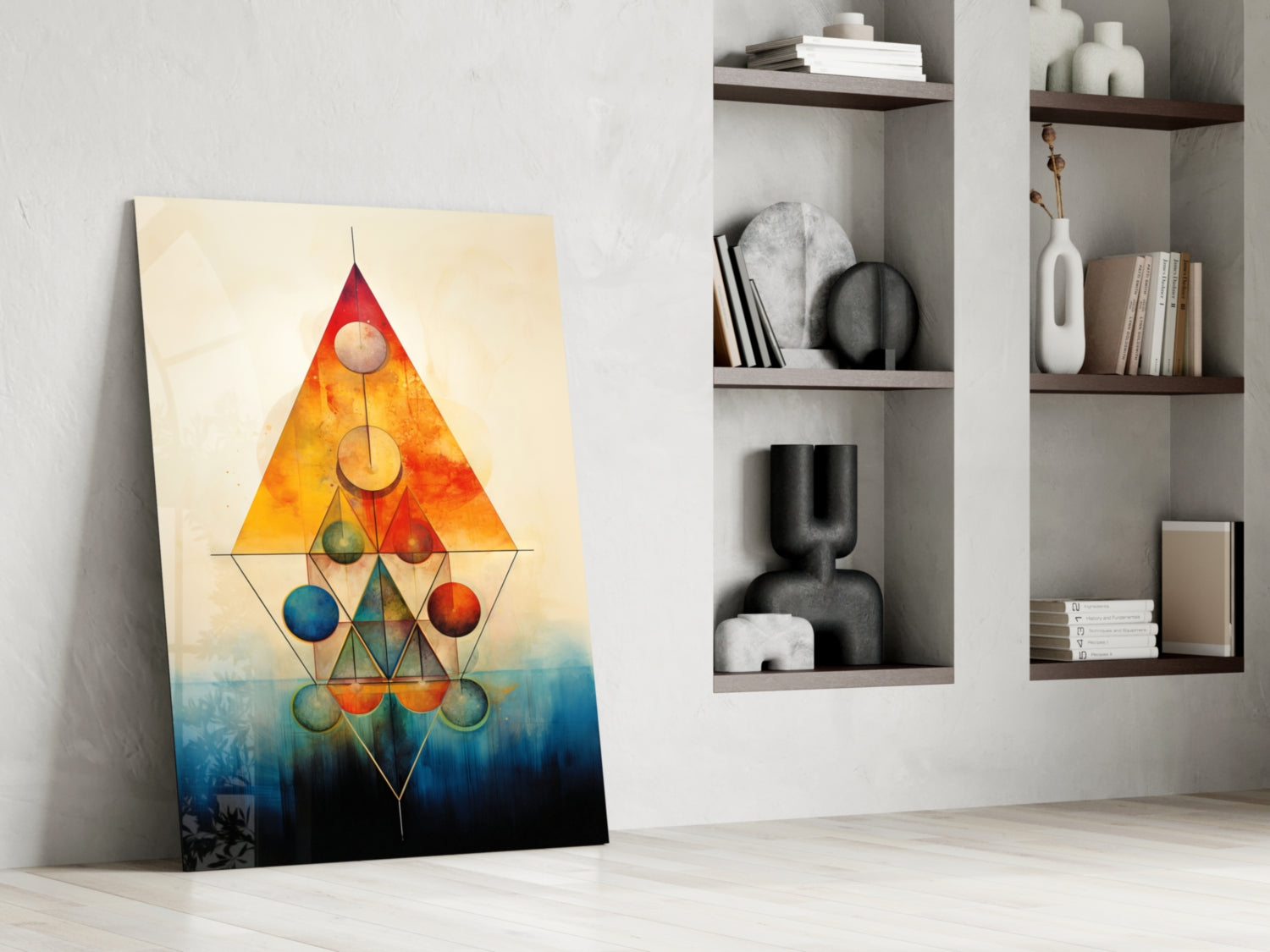 Abstract geometric glass wall art leaning against white wall beside built-in shelving, featuring colorful spheres and triangular shapes in red, orange, blue, and yellow tones.