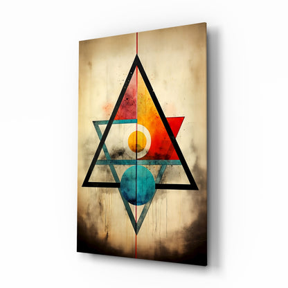 Glass wall art featuring geometric triangles with colorful circles, displayed at an angle against a cream and black textured background.