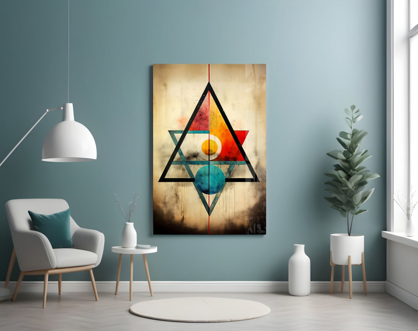 Modern living room with geometric triangular glass wall art featuring red, orange, teal and yellow shapes on textured background.