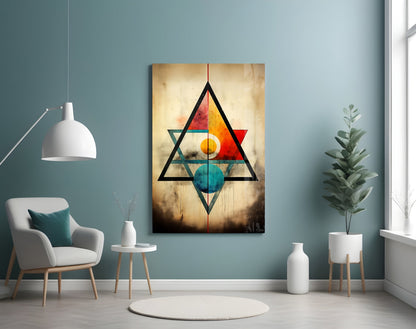 Modern living room with geometric triangular glass wall art featuring red, orange, teal and yellow shapes on textured background.