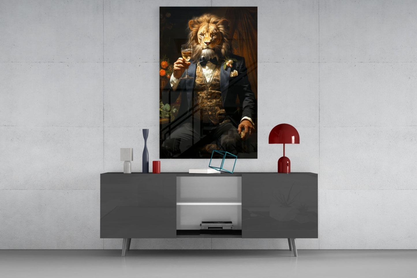 Tuxedo Lion with Wine by Window Glass Wall Art
