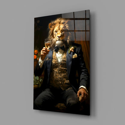 Tuxedo Lion with Wine by Window Glass Wall Art