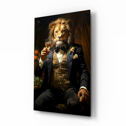 Tuxedo Lion with Wine by Window Glass Wall Art