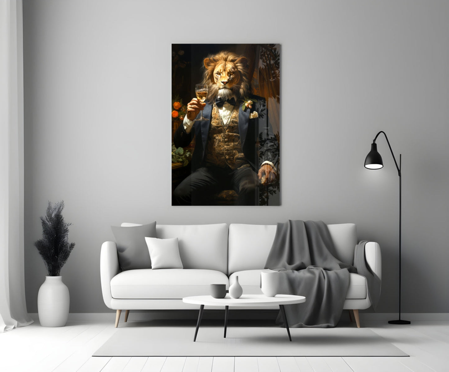 Tuxedo Lion with Wine by Window Glass Wall Art