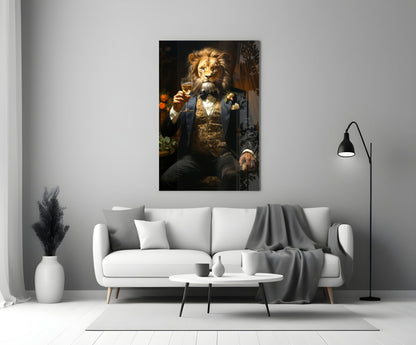 Tuxedo Lion with Wine by Window Glass Wall Art