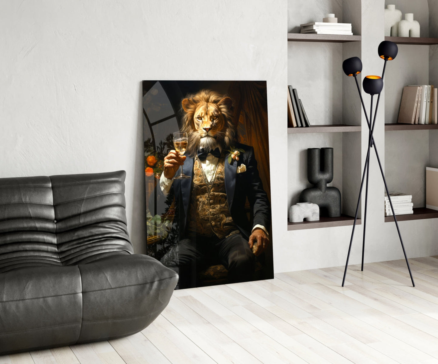 Tuxedo Lion with Wine by Window Glass Wall Art