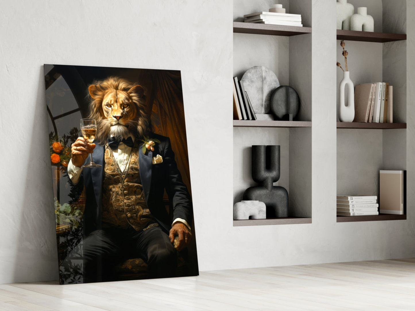 Tuxedo Lion with Wine by Window Glass Wall Art