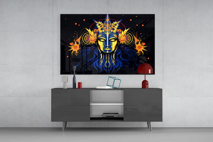 Black glass wall art featuring a gold and blue celestial face with sunflowers displayed above gray media console in modern interior setting.