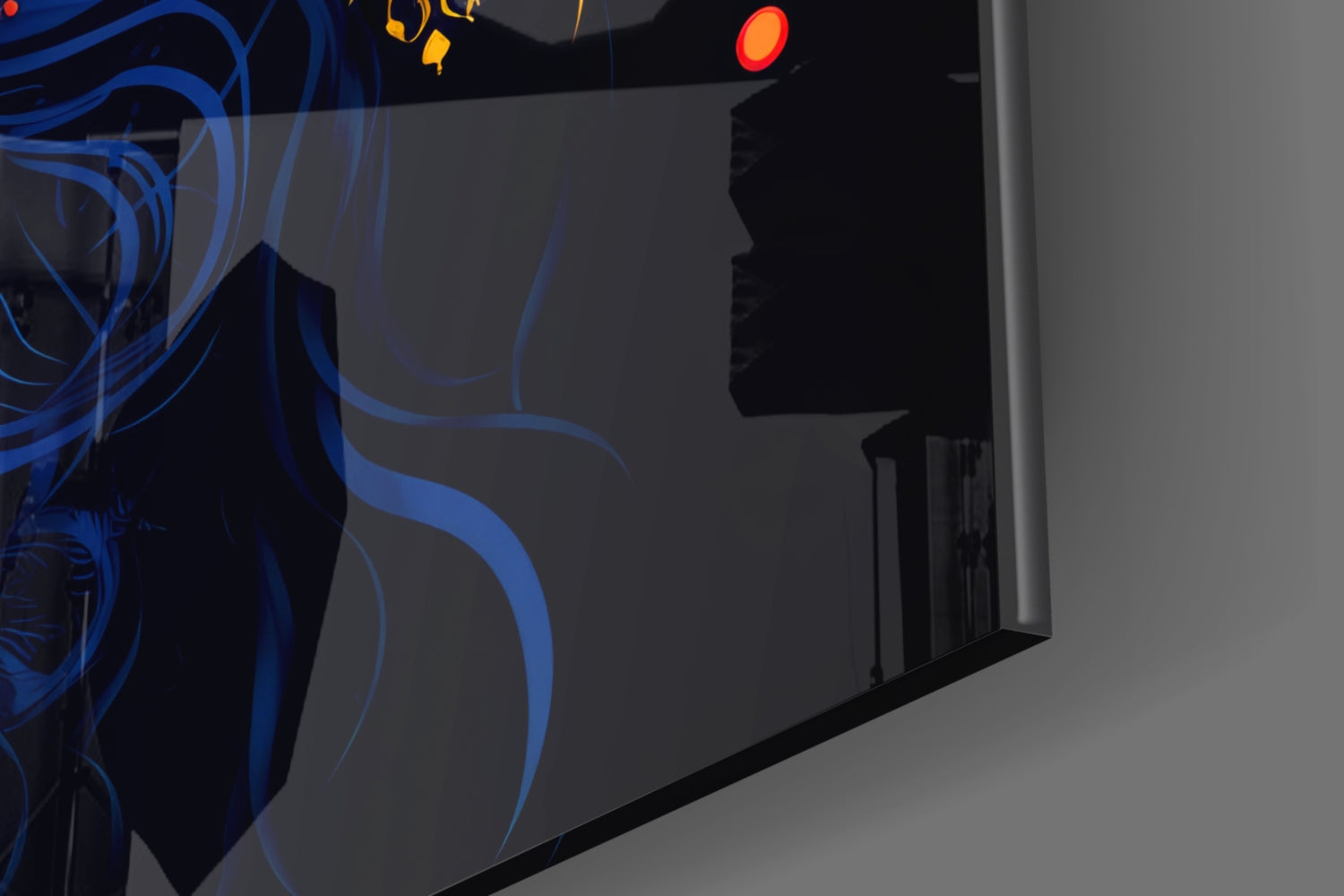 Close-up angled view of glass wall art featuring blue flowing lines and red circular elements against dark background with illuminated details.