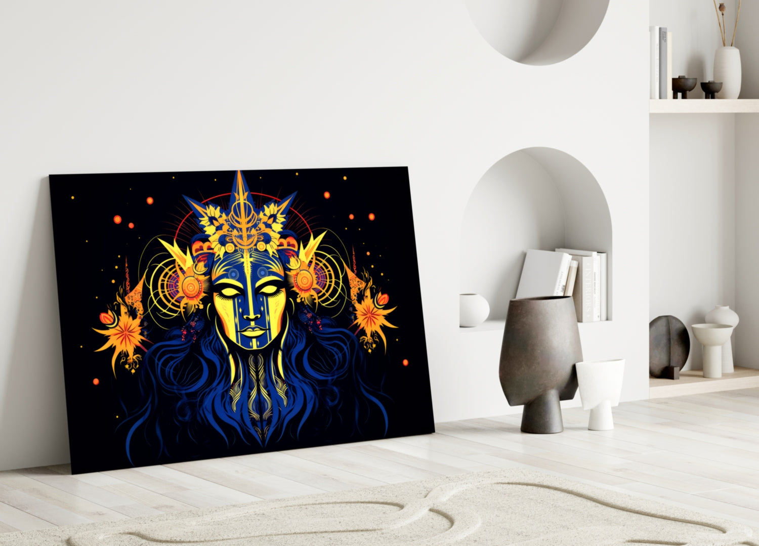 Glass wall art depicting an ornate mystical face with blue hair and golden crown against black background, leaned against white interior wall with shelving.
