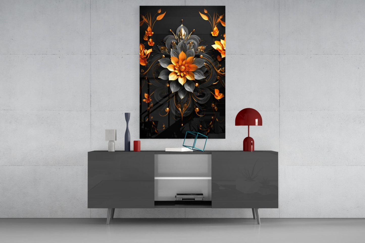 Black Gold Ornate Flower Mandala Glass Wall Art