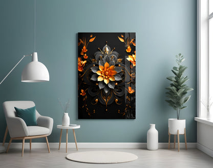 Black Gold Ornate Flower Mandala Glass Wall Art