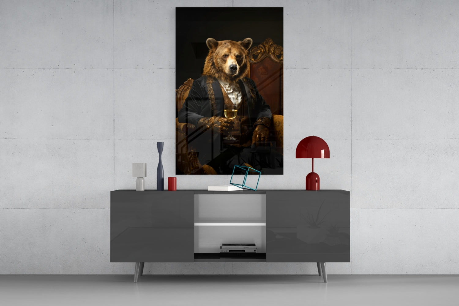 Styled room display of bear portrait glass wall art hung above gray sideboard with red lamp and decorative accessories.