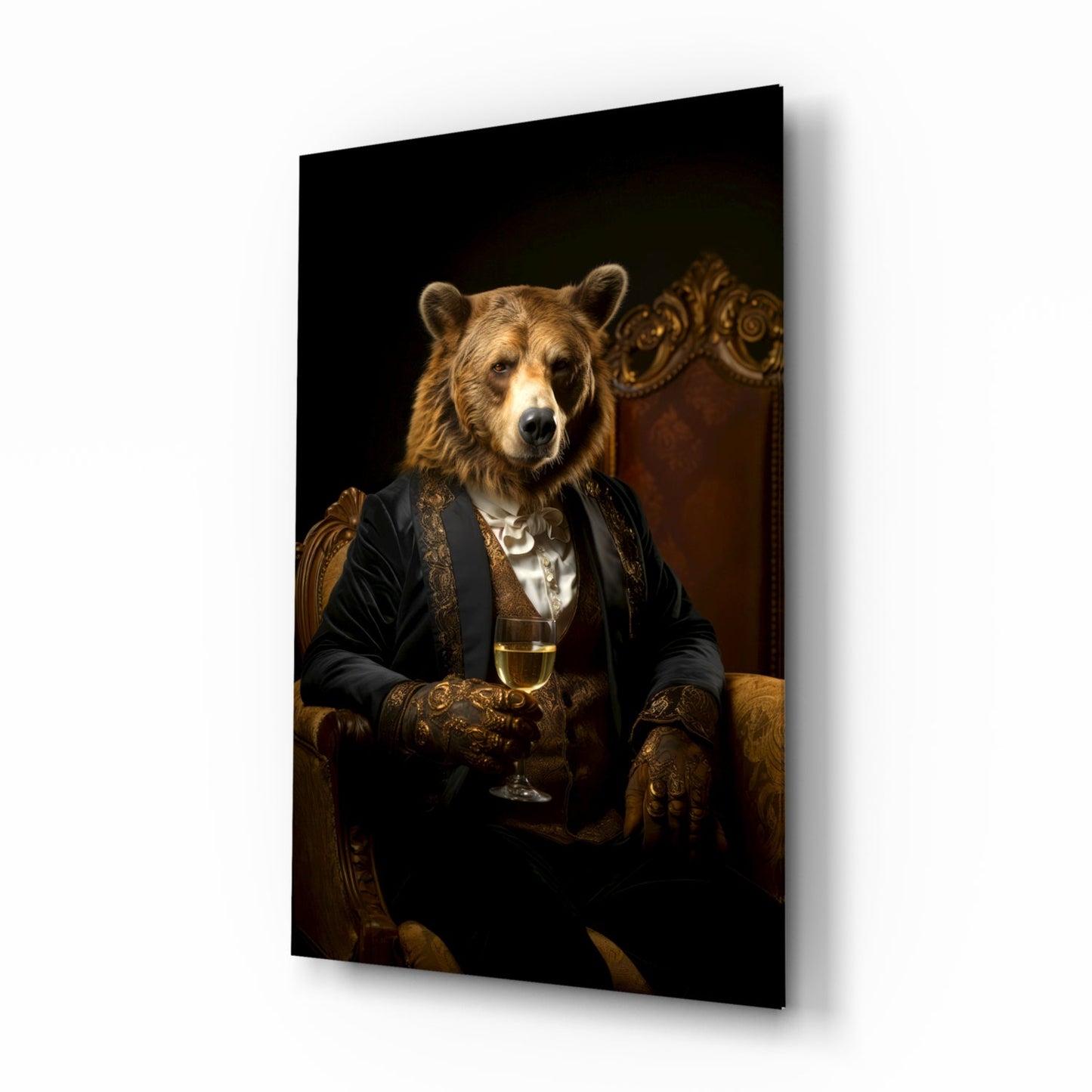 Glass wall art displaying a bear in formal black jacket holding a wine glass, shown at an angle against a dark background.