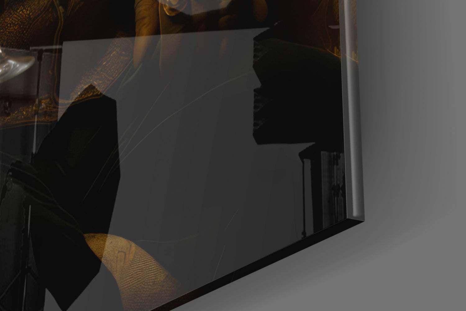 Silhouette of a bear's profile visible through translucent glass panel with gold geometric patterns and black frame detail.