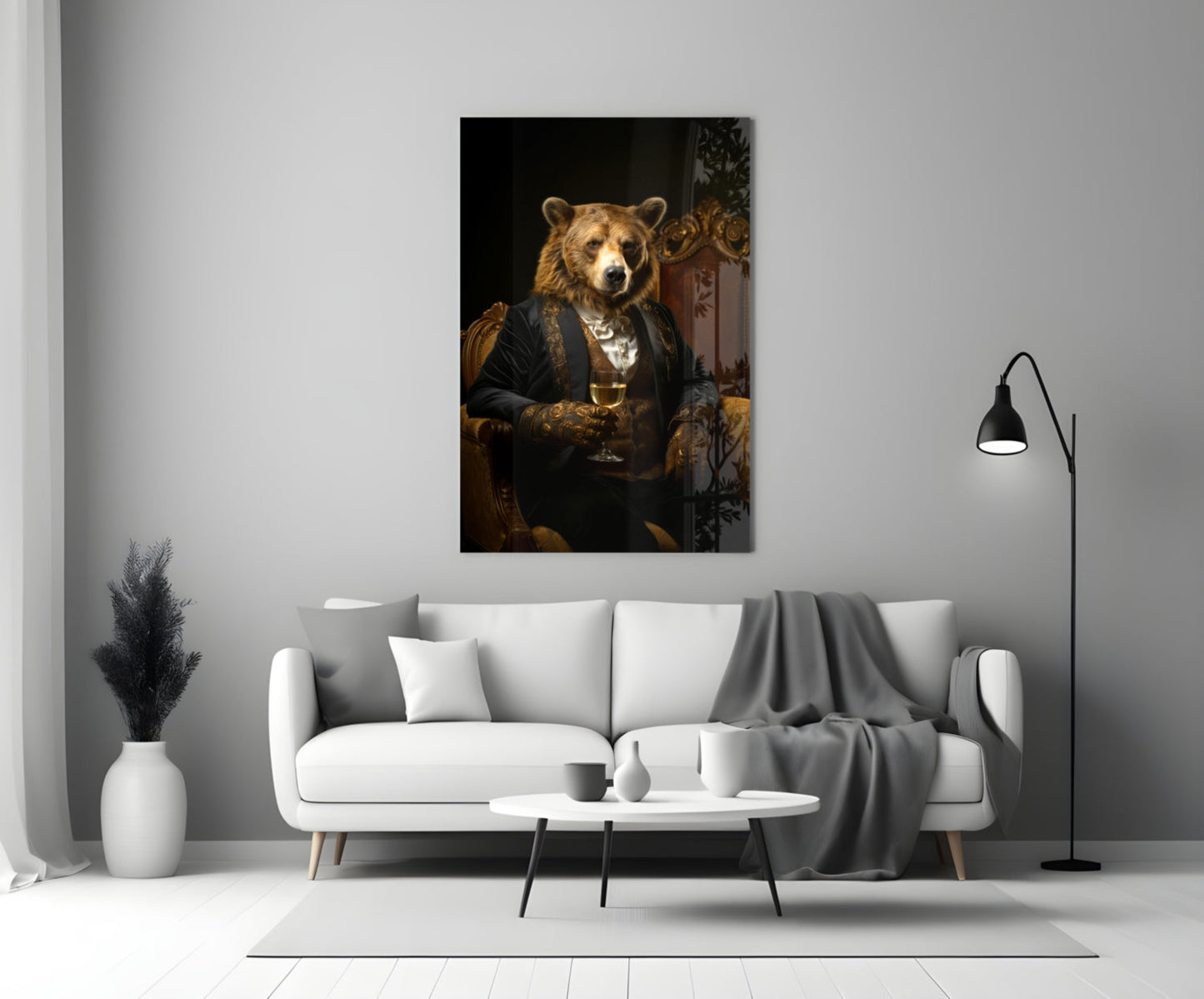 Bear in formal black jacket holding wine glass, displayed on white living room wall above sofa.