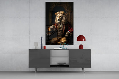 Regal Lion in Red Coat Glass Wall Art